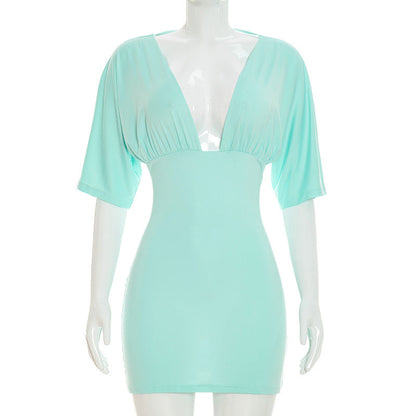 Women Clothing Summer Solid Color V neck Pleated Half Sleeve Slim Sheath Dress Women