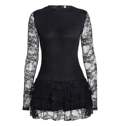 Women Dark Sexy Tight Long Sleeve See through Lace Tiered Dress round Neck Waist Trimming A line Dress