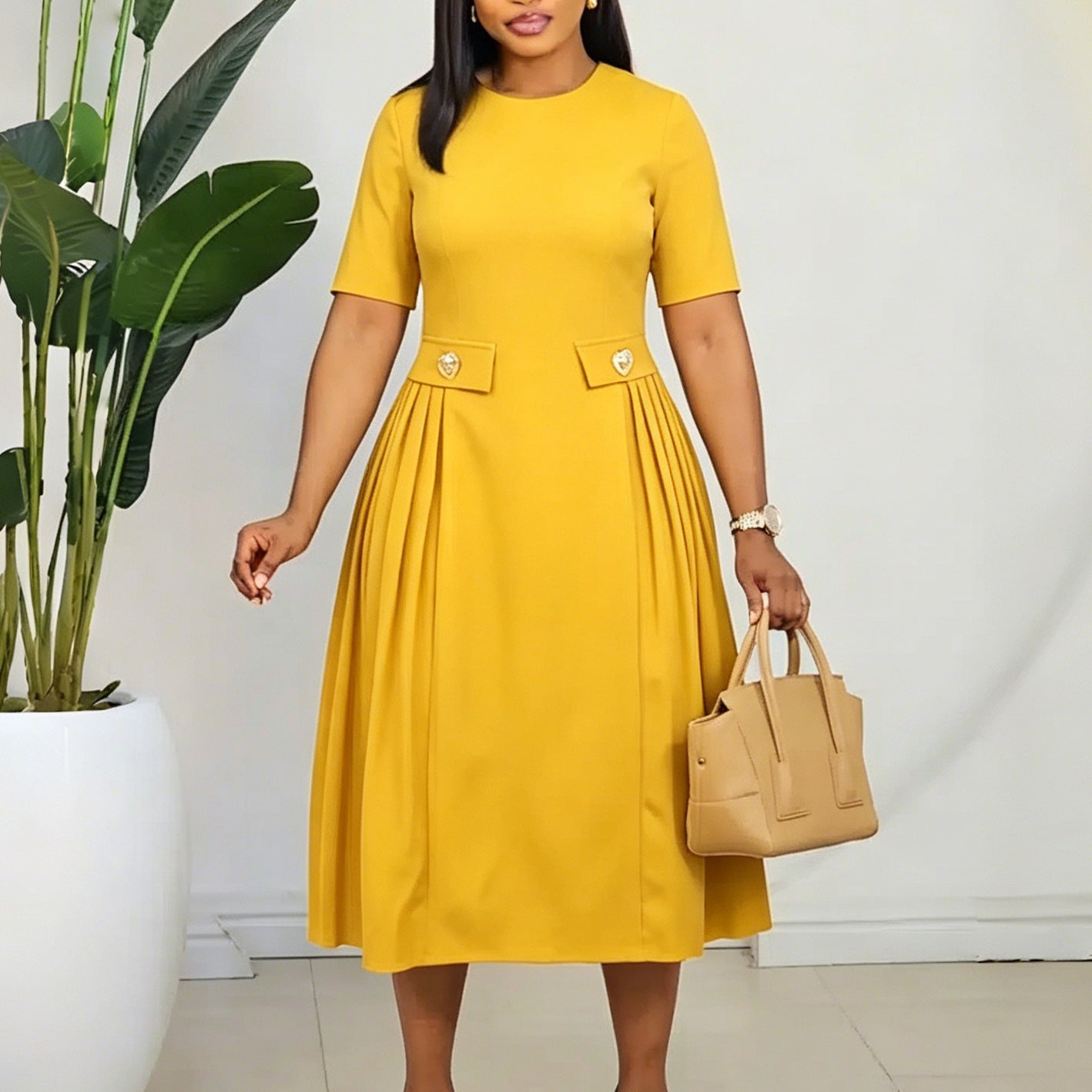 Women Wear Summer round Neck Short Sleeve Elegant Solid Color Midi Dress