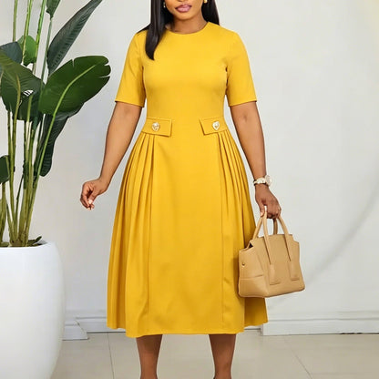 Women Wear Summer round Neck Short Sleeve Elegant Solid Color Midi Dress