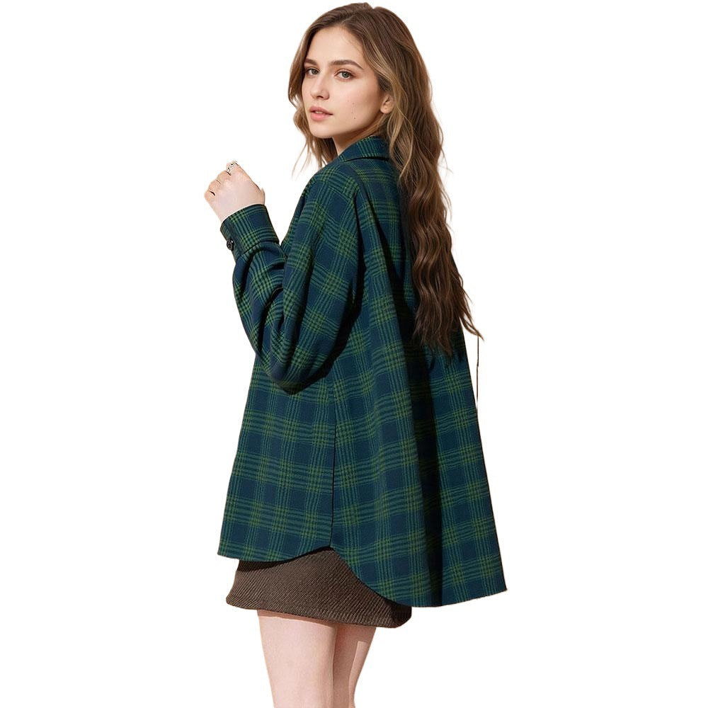 Women Long Sleeved Shirt Autumn Casual Loose Plaid Idle Contrast Color Cardigan Shirt