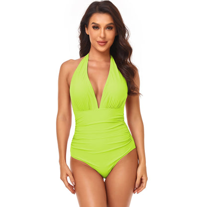 Solid Color One Piece Swimsuit Pleating Halter Swimsuit Popular One Piece Swimsuit