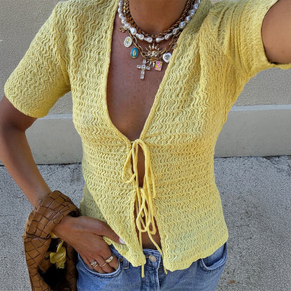 Sexy Short Sleeve Lace up T shirt Top Women Clothing Autumn Winter