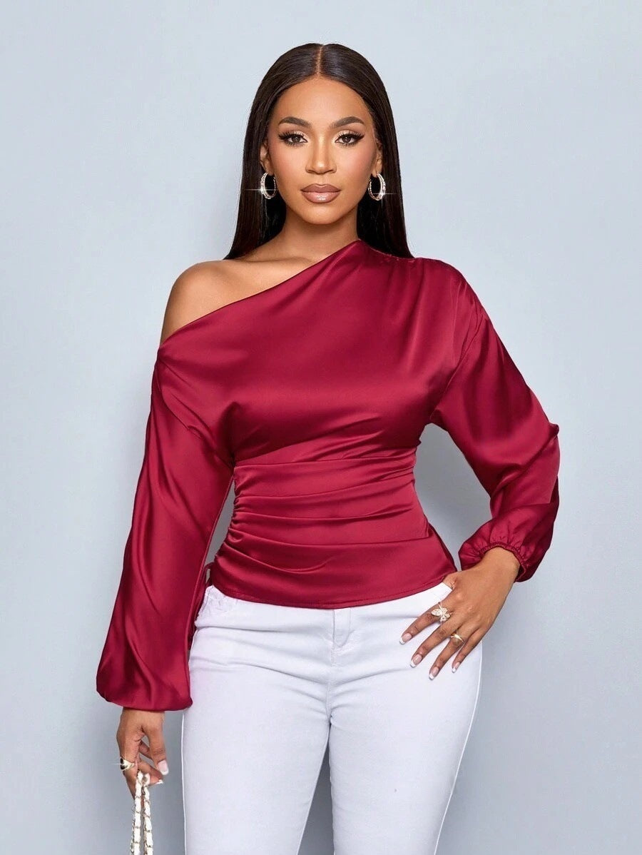 Women Clothes Satin Shirt Autumn Winter Asymmetric Long Sleeve Diagonal Collar Shirt Top