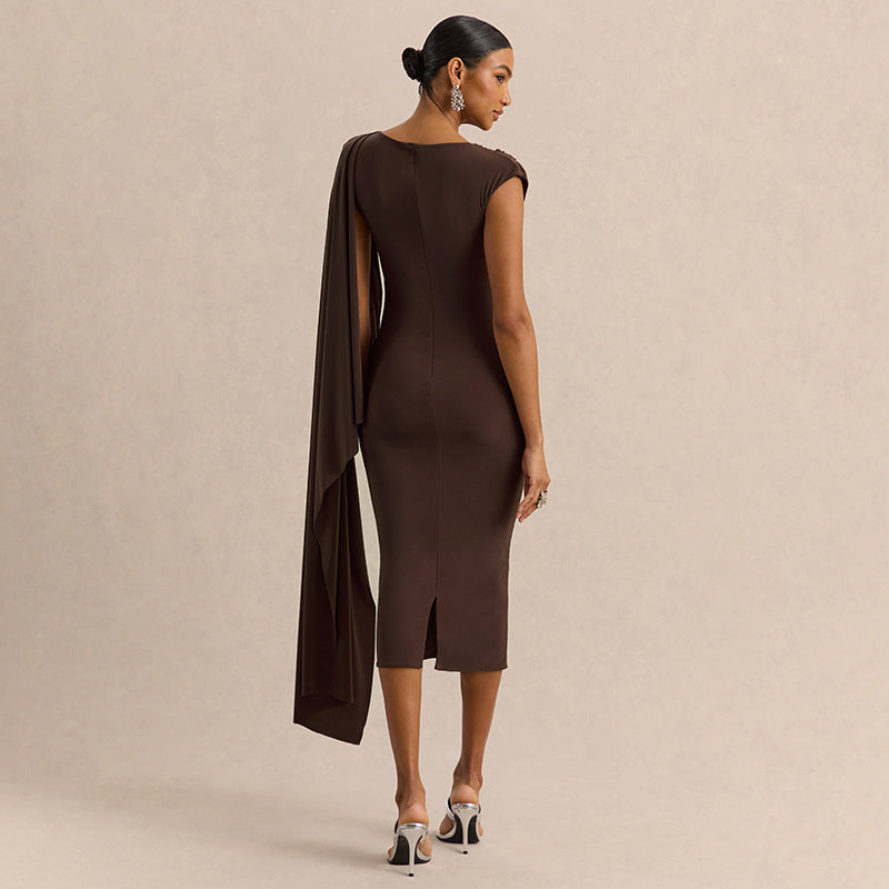 Women Clothing Summer Solid Color Casual Shawl Sleeveless Irregular Asymmetric Swing Collar Slim Dress