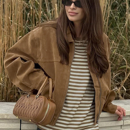 Autumn Winter Retro British Leather Coat Women Loose Zip Suede Fabric Jacket
