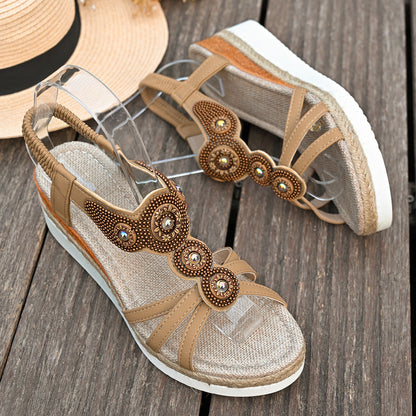 Rhinestone Beaded Elastic Band Wedge Sandals Women Ethnic Mid Heel Lightweight Casual Beach Sandals