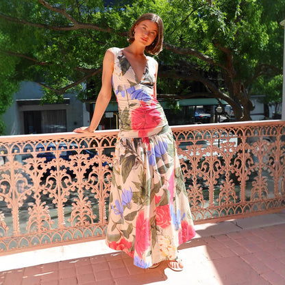 Spring Summer Maxi Dress Internet Celebrity Same Printed Waist Controlled V neck Swing Dress