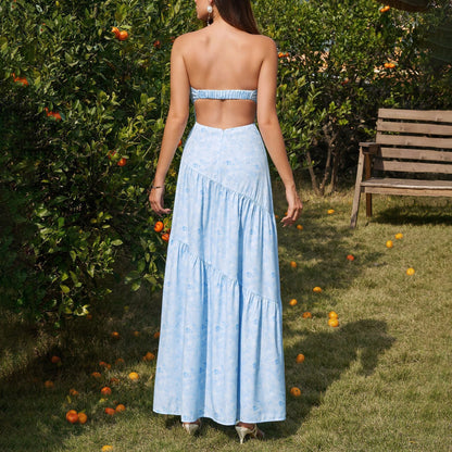 Tube Top Bow Bandage Dress Sexy Backless Pleated Print Maxi Dress