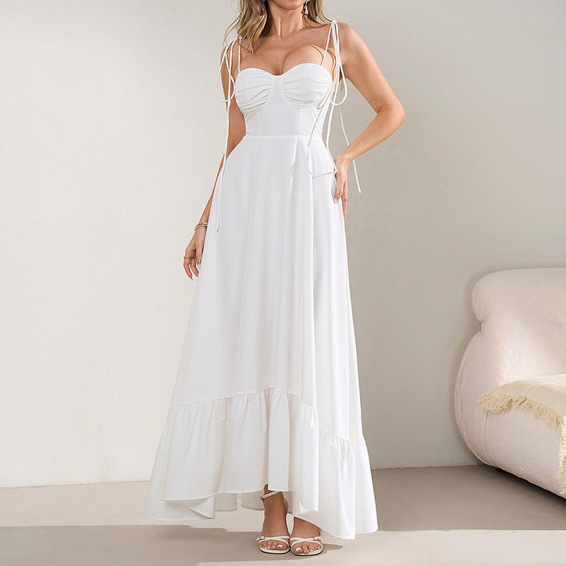 Fashionable Elegant Summer Suspender Tied Dress Sexy Backless Solid Color Pleated Large Swing Dress