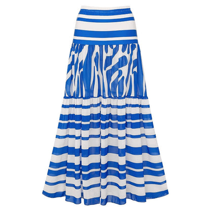 Women Swimsuit Simple Blue White Striped One Piece Swimsuit Skirt Sets