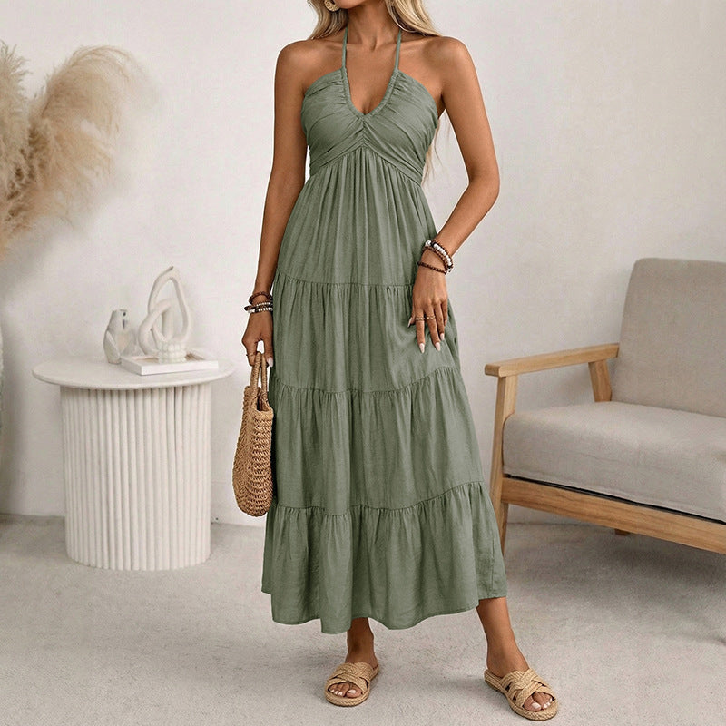 Summer Halter Vacation Maxi Dress Graceful Fashionable Backless Smocking Dress Women