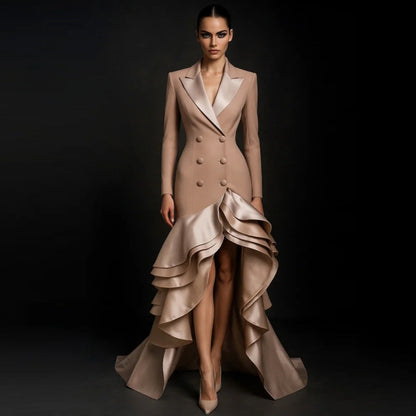 Dinner Formal Dress Tailored Collar Ruffled Double Breasted Slim Fit Maxi Dress