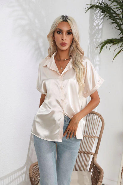 Satin Shirt Short Sleeve Satin Button Shirt Casual Loose Top Women