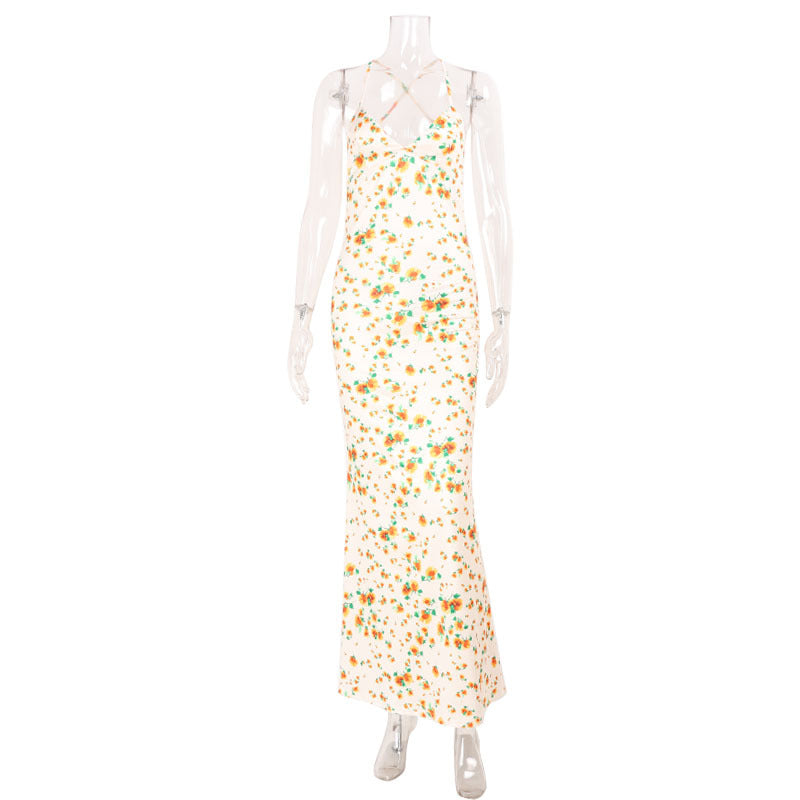 Spring Summer Waist Slimming Elegant Floral Strap Dress Deep V Plunge Vacation