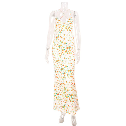 Spring Summer Waist Slimming Elegant Floral Strap Dress Deep V Plunge Vacation