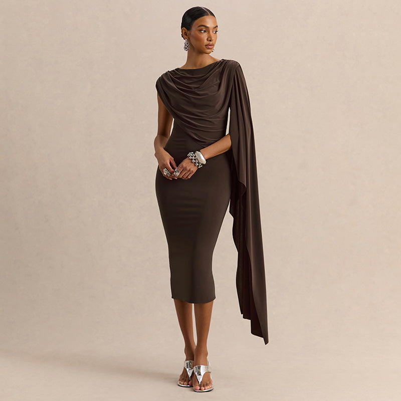 Women Clothing Summer Solid Color Casual Shawl Sleeveless Irregular Asymmetric Swing Collar Slim Dress