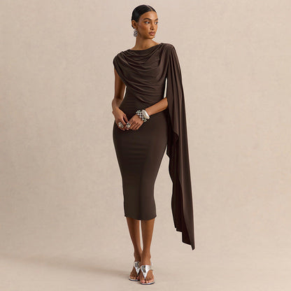 Women Clothing Summer Solid Color Casual Shawl Sleeveless Irregular Asymmetric Swing Collar Slim Dress