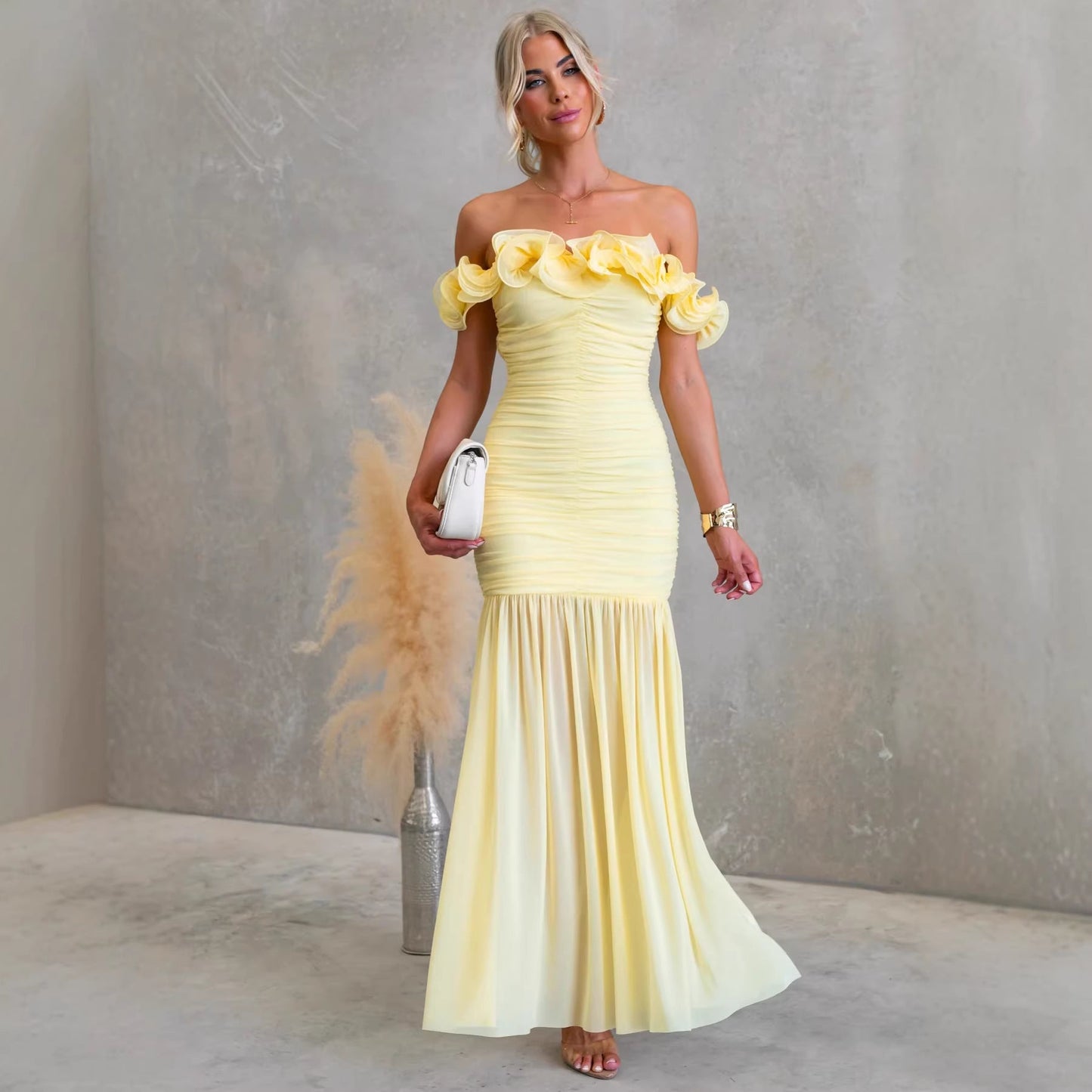 Spring Summer Solid Color Mesh Slim Fit Sexy Vacation off Shoulder Dress