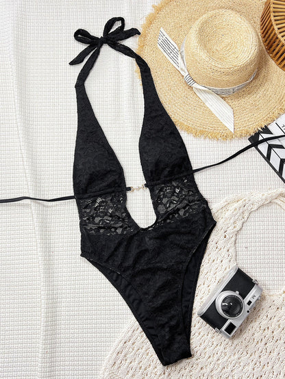 Solid Color Sexy Slim Lace Stitching Halter Big Backless Swimsuit