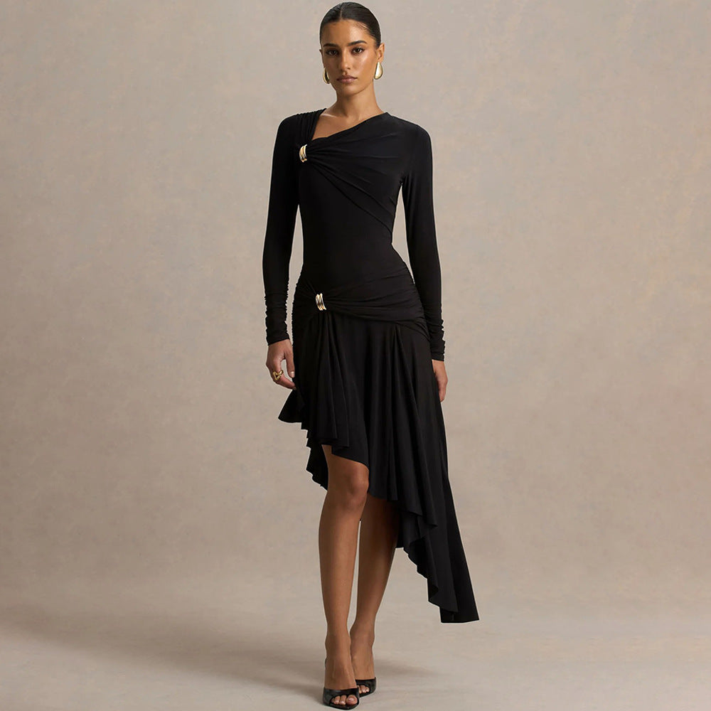 Autumn Winter Graceful Fashionable Women Slim Dress Sexy Pleated Irregular Asymmetric Maxi Dress