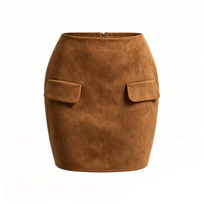 Autumn Winter Women Suede Double Pocket Skirt High Waist Package Hip Zipper Skirt