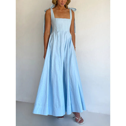 Elegant Solid Color Spring Summer Stitching Tied Maxi Dress