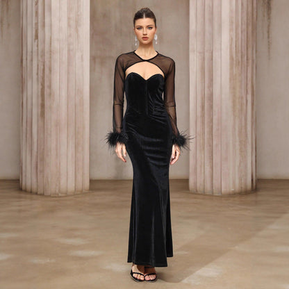 Dress Two Piece Semi Transparent Mesh Top Velvet Tube Top Dress Dinner Light Luxury Cheongsam