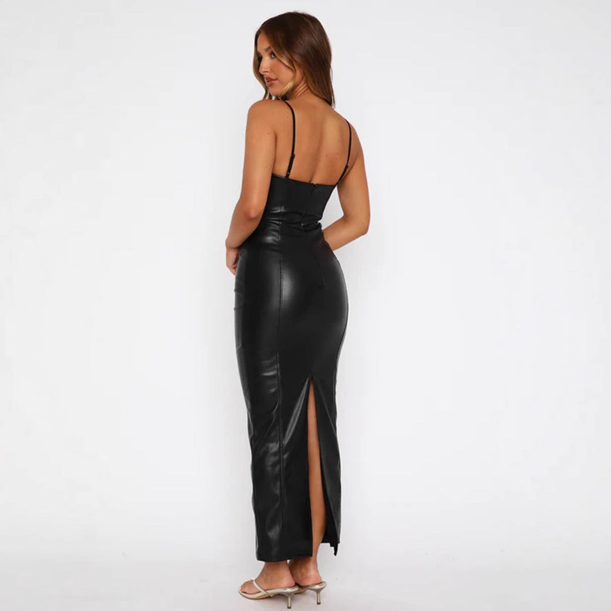 Women Clothing Dress Spring Summer Leather Sling Zipper Back Slit Line Waist Tight Hip Dress