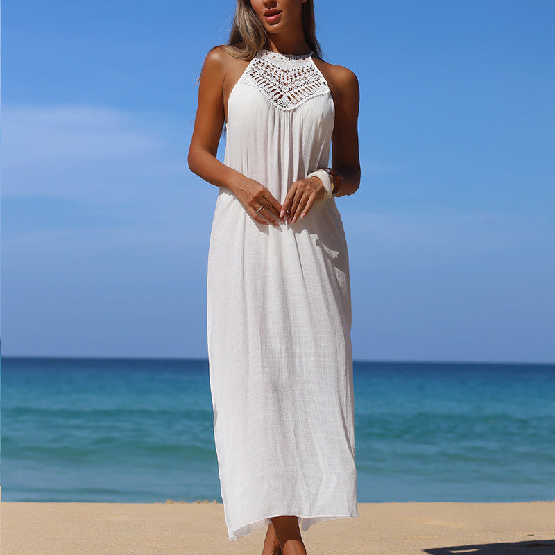 Women Clothing Holiday Beach Hand Crocheting Stitching Suspender Sexy Side Split Sun Protection Long Smock Dress