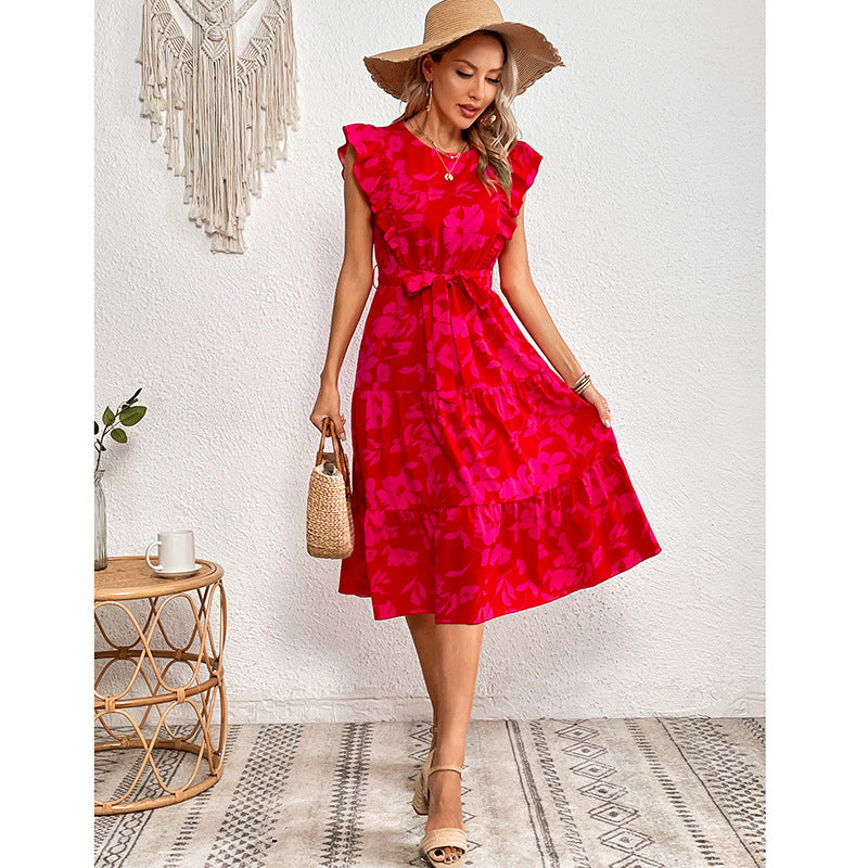 Summer Printed round Neck Ruffled Short Sleeve One Piece Dress for Women