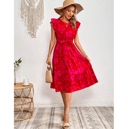Summer Printed round Neck Ruffled Short Sleeve One Piece Dress for Women