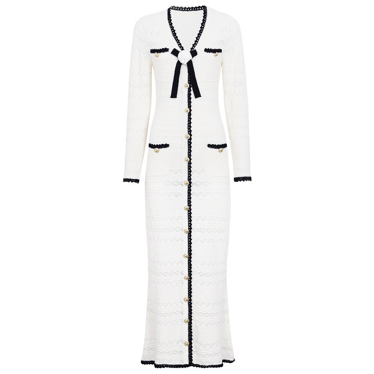 Spring Autumn Fashionable Knitted V neck Floral Slim Fit Slimming Long Sleeves Dress Women