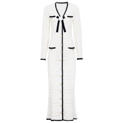 Spring Autumn Fashionable Knitted V neck Floral Slim Fit Slimming Long Sleeves Dress Women