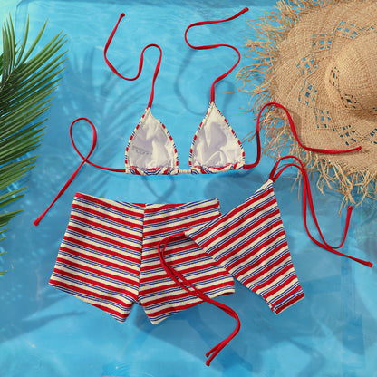 Swimsuit Women Split Three Piece Striped Sexy Kini Bikini Swimsuit