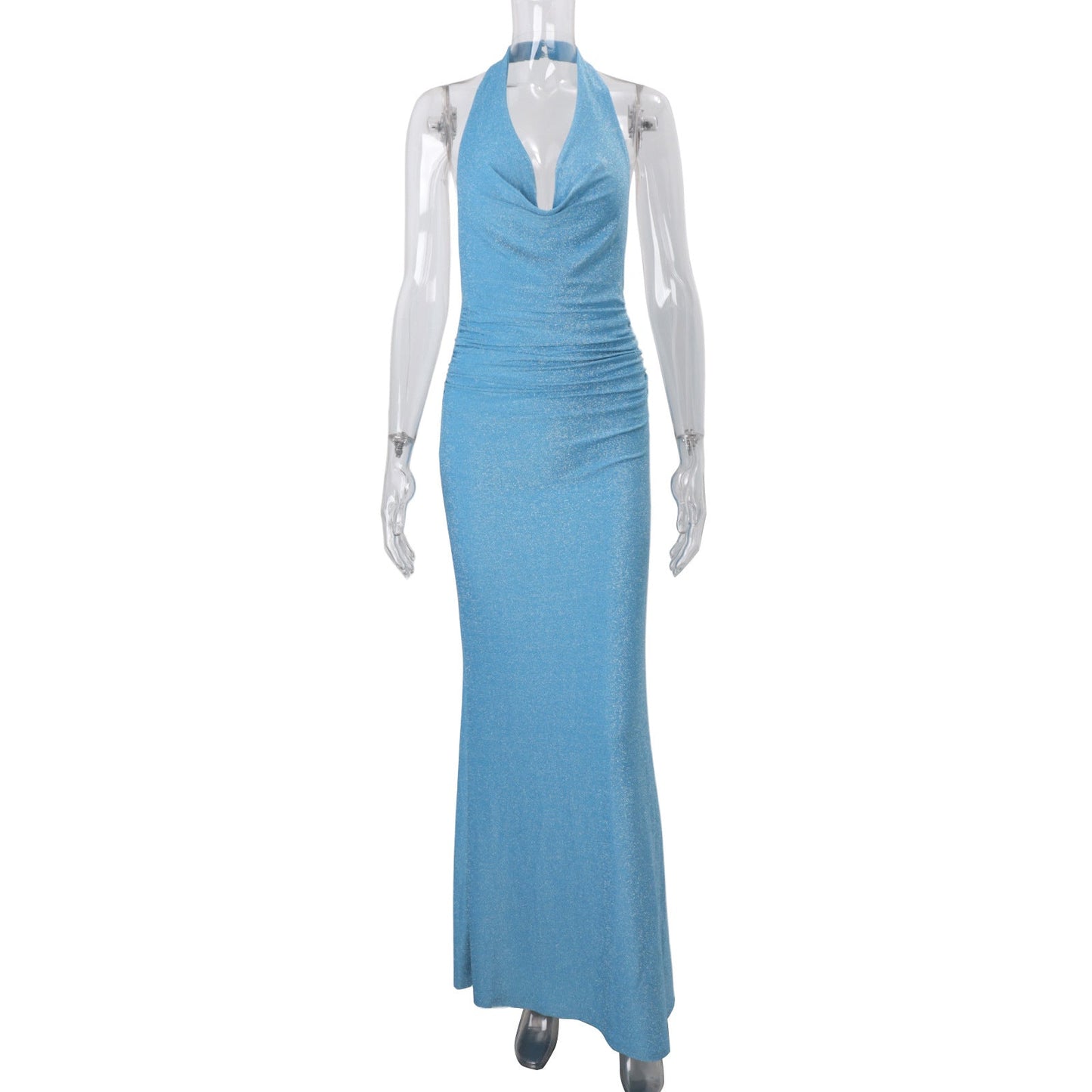 Fall Women Clothing Sexy Backless Halter Swing Collar Solid Color High Waist Slim Hip Long Dress