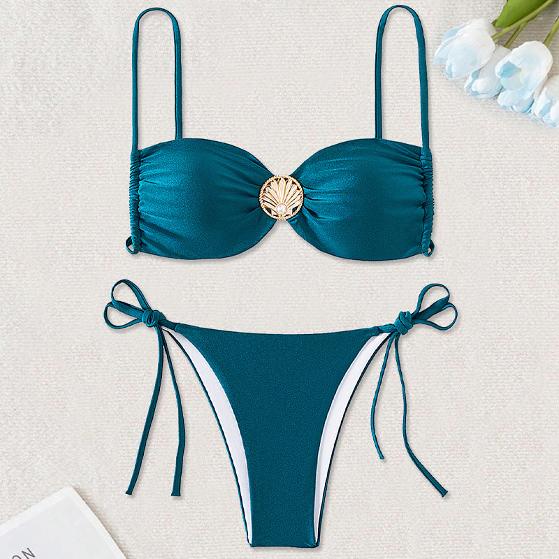 Bikini Swimsuit Women Solid Color Sexy Biniki Backless Lace up Moon Star Thin Swimsuit