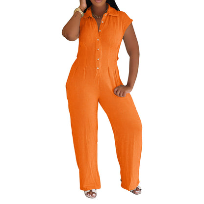 Women Clothing Jumpsuit Striped Collared Slim Shirt Collar Straight Leg Pants Sleeveless Summer