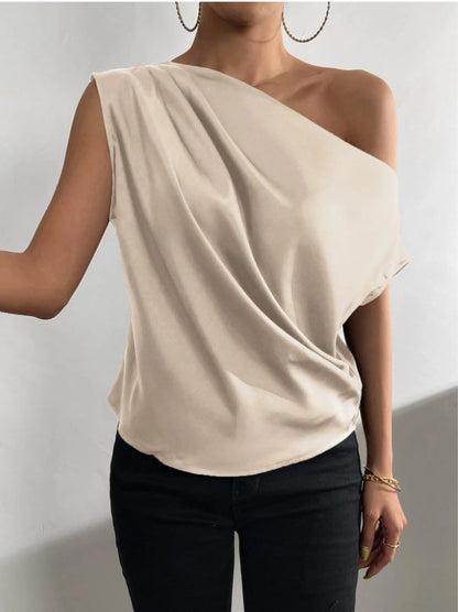Spring Solid Color Satin Artificial Silk Irregular Asymmetric Shoulder off Shoulder Pullover Sleeveless Shirt Women Clothing