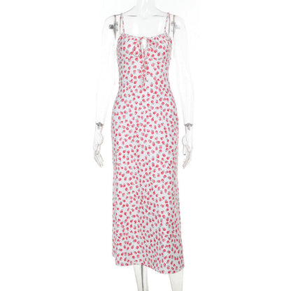 Polka Dot Printed Floral Strap Dress Women Summer French Sexy Backless Dress