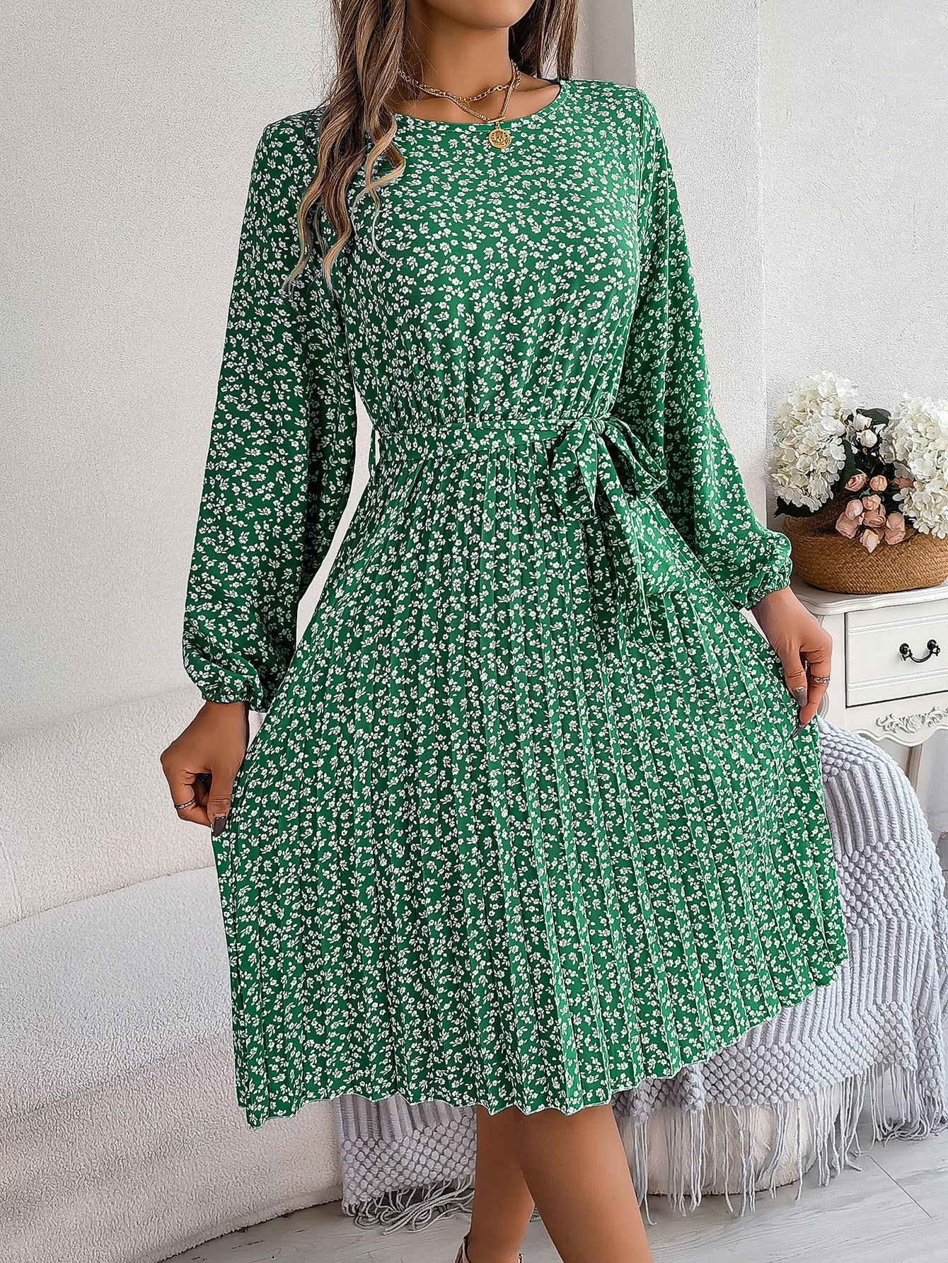 Spring Summer Casual Long Sleeved Floral Large Hem Pleated Women Clothing
