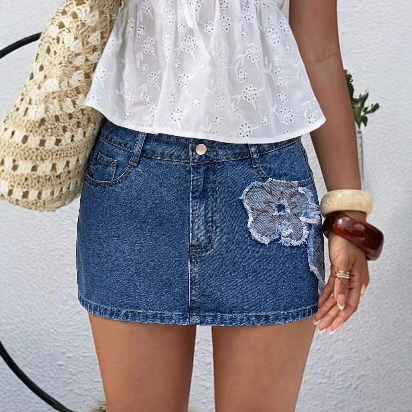 Summer Denim Skirt Women A line Slimming Personality Embroidery