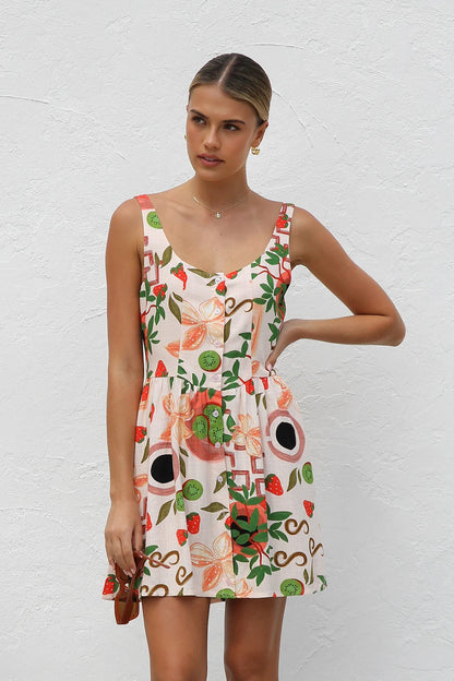 Summer Mini Dress Same Print Button Cardigan Mini Dress