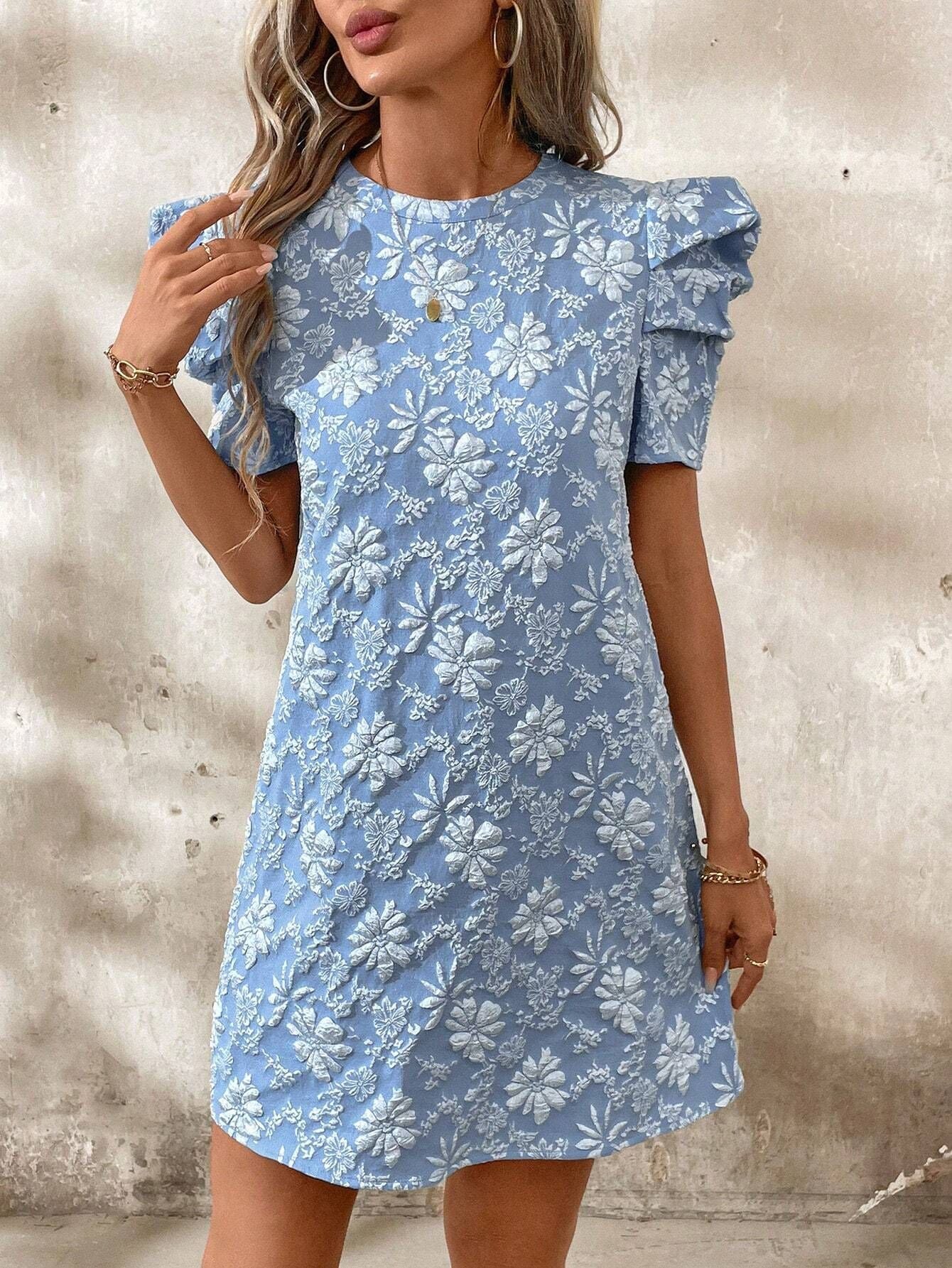 Summer Women Bubble Sleeve Texture Jacquard round Neck Retro Dress