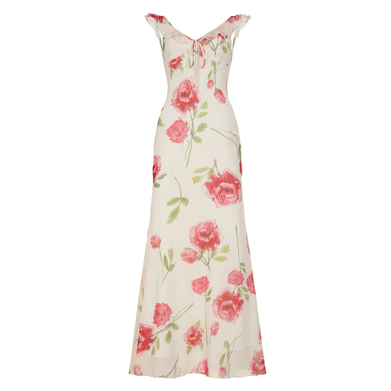 Vacation Floral Printed Mesh V neck Sexy Dress Summer Sling Slim Fit Maxi Dress