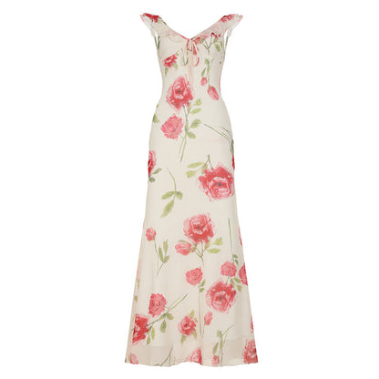 Vacation Floral Printed Mesh V neck Sexy Dress Summer Sling Slim Fit Maxi Dress