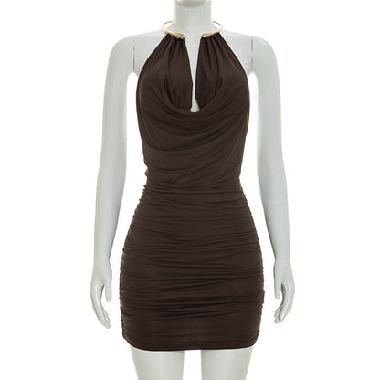 Women Clothing Summer Sleeveless Eyelet Halter Swing Collar Tight Dress