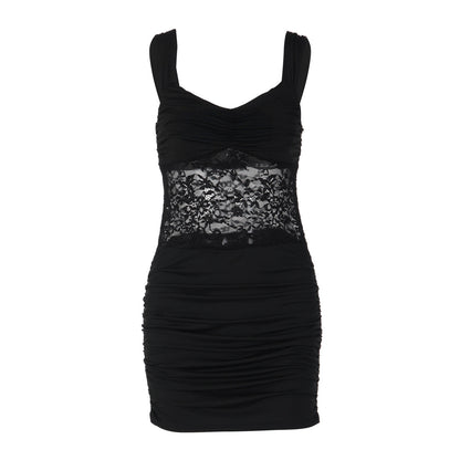 Women Clothing Short Summer Solid Color Sleeveless Sexy Lace Stitching Ruffle Hip Dress