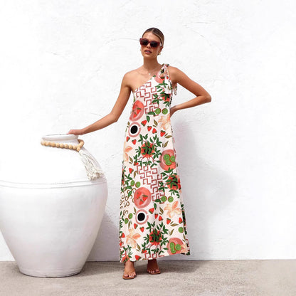 Summer Dress Printed Shoulder Lace up Elegant Dress Women