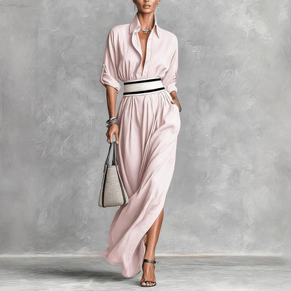 Women Clothing Draping Effect High Slit Maxi Dress Lapels Single Breasted Long Sleeve Dress